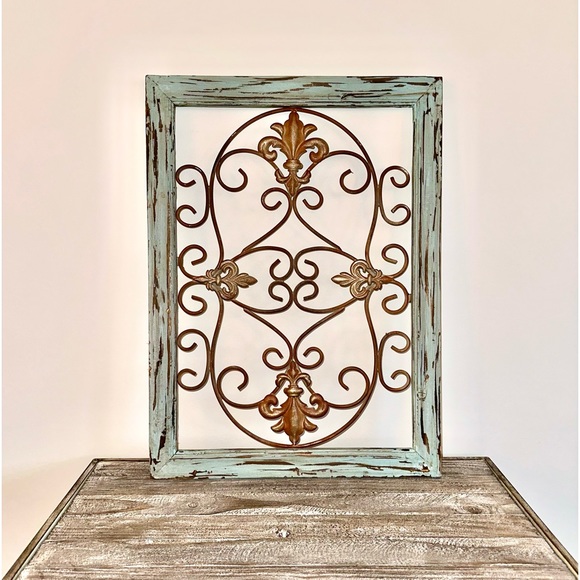 Rustic Metal & Wood Wall Art - Light Teal - Bronze Metallic - Picture 4 of 4